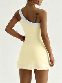 Gameset SHEIN Sport Yellow Summer Casual Workout Sports Dress,Contrast Color One Shoulder Ruffle Hem,Contrast Stripe Detachable Shorts With Pockets For Yoga,Gym,Tennis - Yellow - View 5