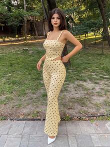 Sweetina 两件套外出黄色格子印花吊带背心和低腰裤套装 - 棕色 - 查看 6
