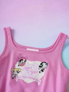 THE POWERPUFF GIRLS X SHEIN Sweet & Cute Ribbed Tank Dress For Young Girls - Pink - View 3