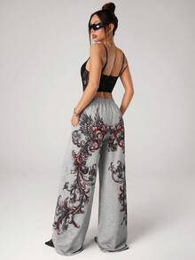 SHEIN ICON Y2K 女式外出哥特音乐会俱乐部印花花卉图案松紧腰带口袋阔腿宽松休闲裤 - 灰色 - 查看 3