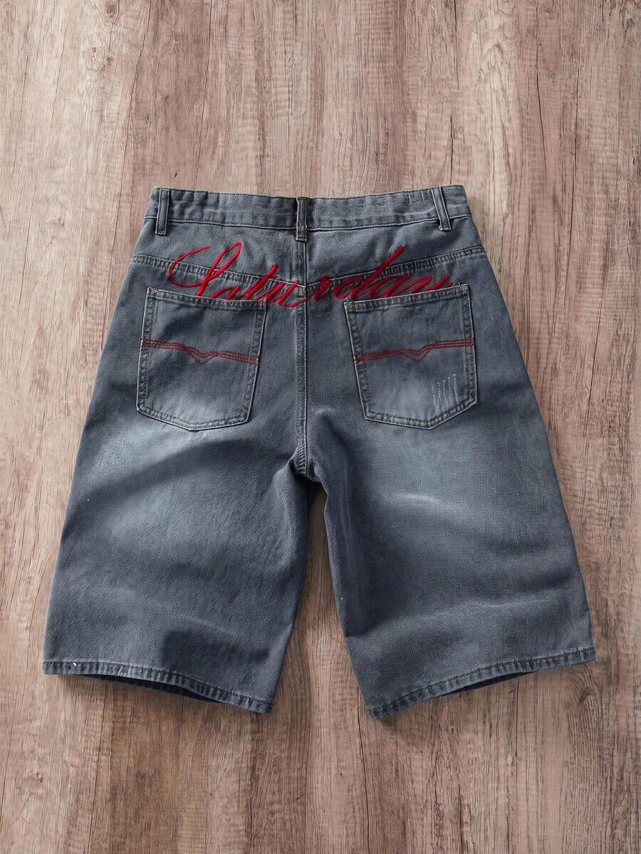Manfinity Joysei Quần short denim nam ống đứng thêu họa tiết - Rửa nhẹ - Xem 1
