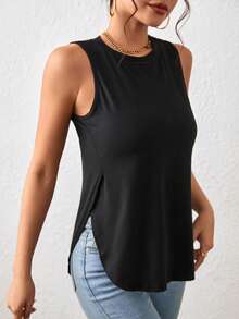 BamGleam Áo tank top nữ cổ tròn màu trơn, kiểu dáng thường ngày, đa năng - màu đen - Xem 3