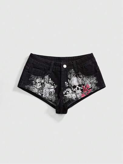 ROMWE Quần short denim nữ phong cách Grunge Punk in hình đầu lâu và hoa hồng, chất liệu nhũ bạc cổ điển, cạp siêu thấp, co giãn, thích hợp cho mùa xuân/hè.
