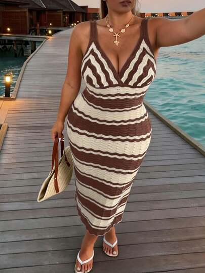 Firerie Plus Size Women Vacation Striped Bodycon Sexy Spaghetti Strap Knit Dress