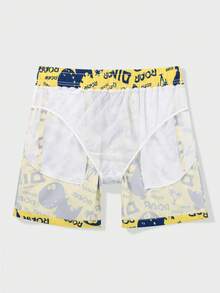 Manfinity Swimmode 男士撞色弹力腰抽绳休闲全印花夏季沙滩短裤 - 黃色 - 查看 3