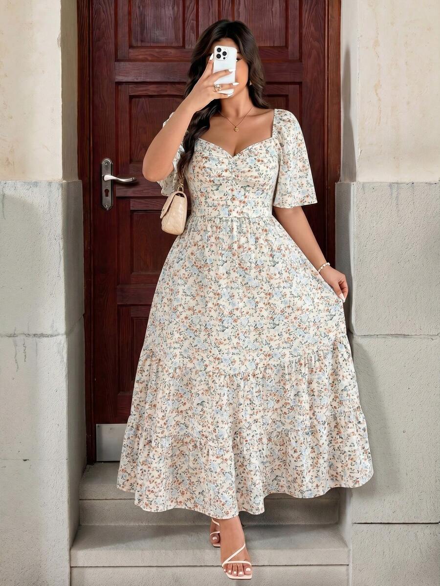 Easura Đầm maxi dáng chữ A tay ngắn cổ vuông in hoa thanh lịch dành cho nữ cỡ lớn mùa xuân/hè. - Nhiều màu - Xem 1