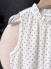 SHEIN Franclia 女士波点褶皱休闲百搭日常上衣 - 白色 - 查看 4