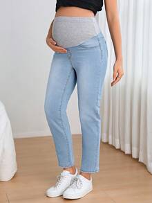 SHEIN Celana Jeans Kasual Polos untuk Ibu Hamil - Light Wash - View 7