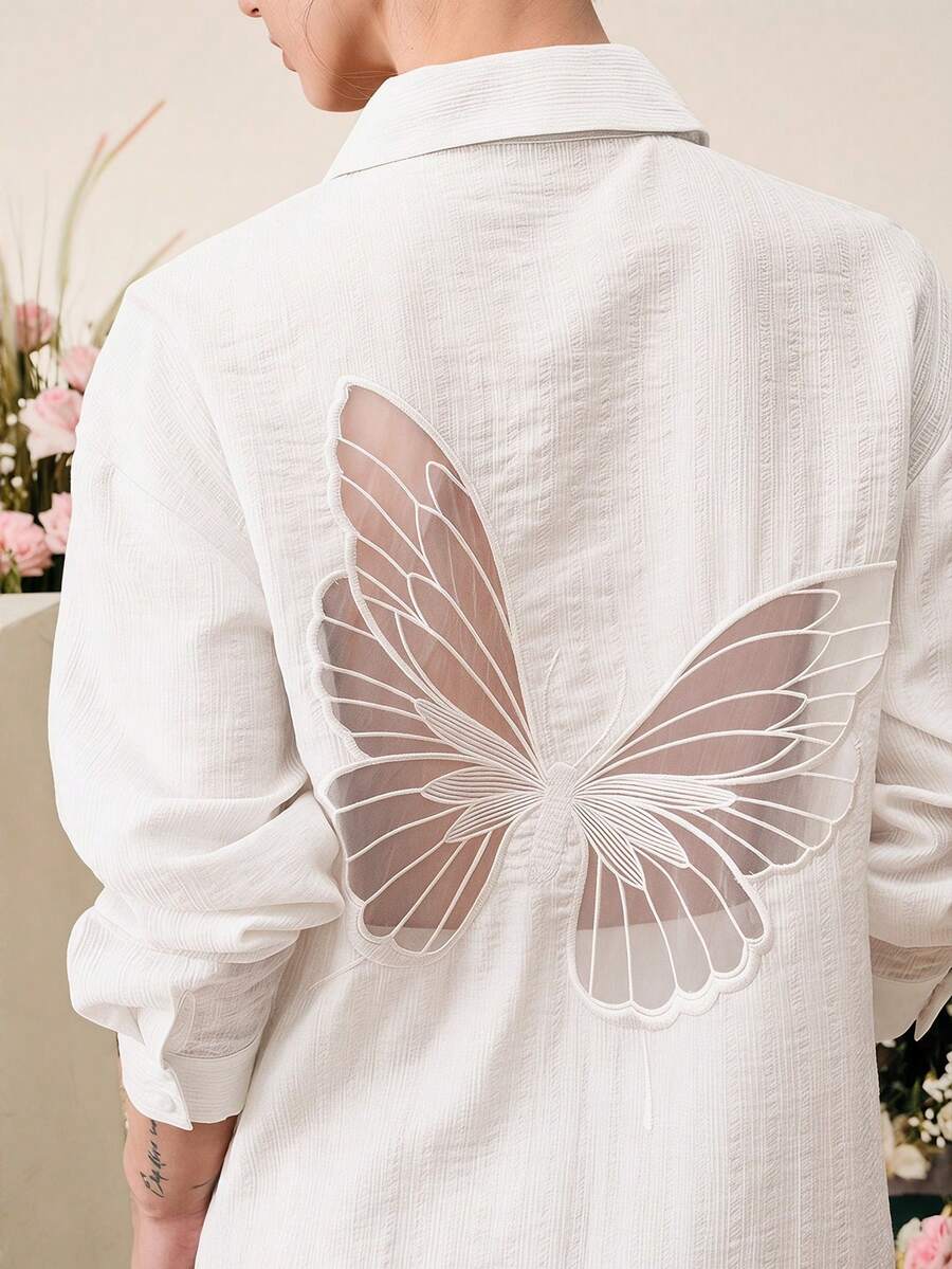 Anewsta 女款新款刺繡花卉米色蝴蝶杏色白色春夏季優雅度假襯衫上衣女款休閒襯衫優雅女款襯衫 - 白色 - 查看 1
