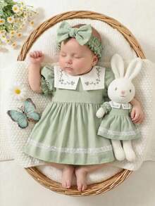 SHEIN Robe à manches courtes bouffantes rose pour bébé fille nouveau-né printemps/été, avec col claudine brodé, jupe à bordure en dentelle, style mignon et doux de princesse, tenues pour bébé fille nouveau-né - Vert - Voir 4