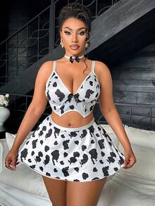 Fantasy Costume Fantasy Costume Plus Size Women's Sexy Cow Print Bell Bow Triangle Bra & Mini Skirt 4-Piece Lingerie Set - Black and White - View 4