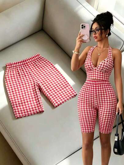 Franclia Stylish And High-End Casual Sports Plaid Leggings, Women's Spring And Summer Leggings, Suitable For Vacations, Outings, Y2K Style, Spring, Summer, Back-To-School Season, Casual Wear, Beach, Sports, Yoga, Women's Red And White Leggings, Women's Plaid Leggings.Sports,Luxury,Formal,Work Outfits For Women,Country Concert Outfit,Graduation Season Attire, Fashionable Casual Commuter Wear, Business Office Wear, Versatile And Stylish Everyday Casual Wear, Urban Teacher's Professional Attire