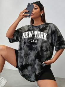 Muchica Áo thun tay ngắn cổ tròn dáng rộng, tối giản, họa tiết chữ New York nhuộm tie-dye, thích hợp cho mùa hè. - Nhiều màu - Xem 1