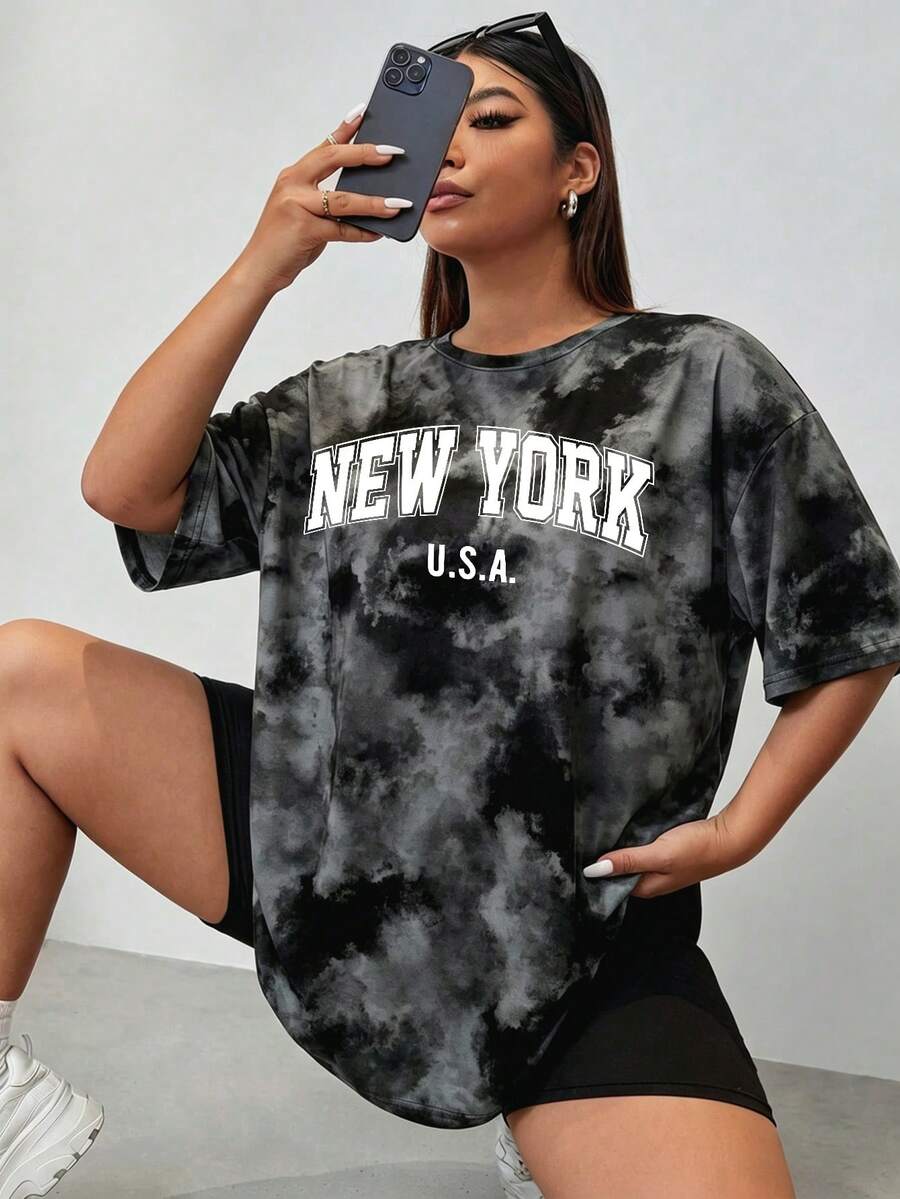 Muchica Áo thun tay ngắn cổ tròn dáng rộng, tối giản, họa tiết chữ New York nhuộm tie-dye, thích hợp cho mùa hè. - Nhiều màu - Xem 1