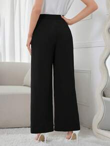 Modelyn Women's Solid Color High Waist Button Design Wide Leg Loose Pants - Black - View 2