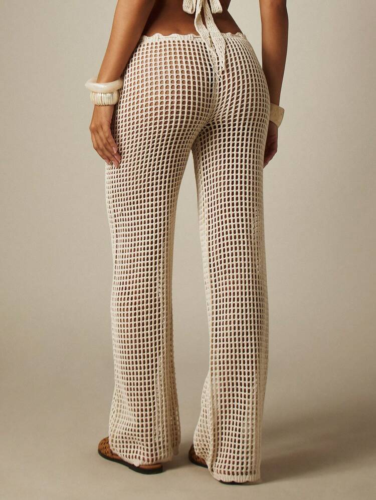 MISSGUIDED Crochet Wide Leg Palazzo Pants High Rise Drawstring Beach Cover Up Boho Summer Vacation Loose Fit Mesh Knit Trousers
