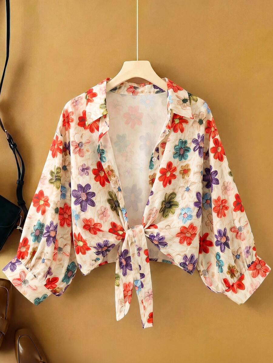 Franclia 新款蝙蝠袖短版休閒度假花卉印花披肩外套女款襯衫 多色花朵 - 彩色 - 查看 1