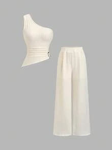 Sweetra 2pcs Spring/Summer New Solid Color Set: Spaghetti Strap Metal Buckle Crop Top + Casual Wide Leg Slimming Pants - Apricot - View 8