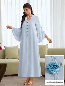 Al Najma Layered Floral Jacquard Hooded Cape With Ruffled Hem And Puff Sleeves, Elegant Robe - Blue - View 3
