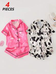 SHEIN Playful Pals 女童奶牛爱心睫毛印花翻领仿丝短裤套装，家居服 - 彩色 - 查看 1