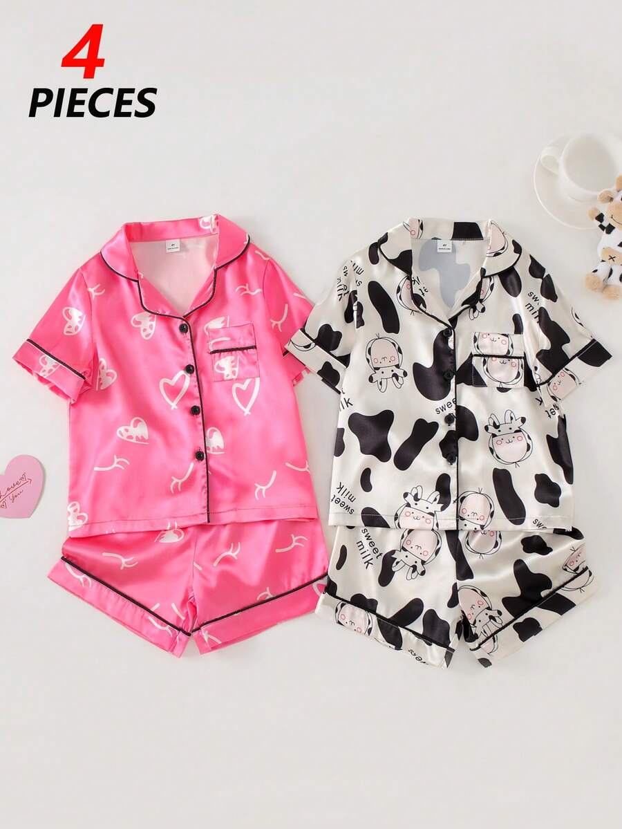 SHEIN Playful Pals 女童奶牛爱心睫毛印花翻领仿丝短裤套装，家居服 - 彩色 - 查看 1