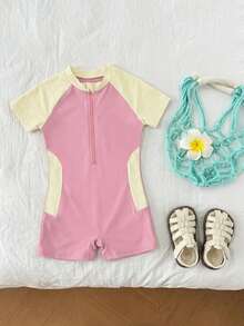 Dazy Kids 1件装女童连体泳衣，适合秋季、返校季和度假穿着 - 粉色 - 查看 3