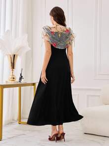 Modelyn 女款法式黑色花卉夏季優雅婚禮賓客洋裝，荷葉邊領口網紗刺繡拼接腰身復古洋裝 - 彩色 - 查看 7