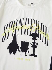 SpongeBob SquarePants | SHEIN Men's Fashionable Versatile Contrast Color Letter Print Round Neck Short Sleeve T-Shirt, - White - View 5