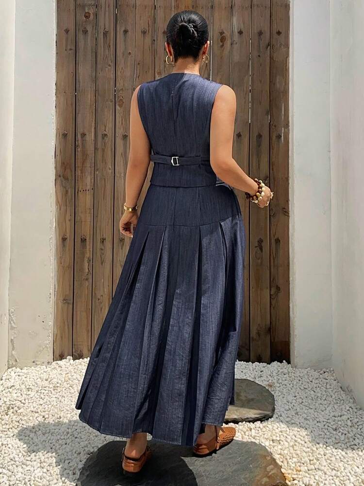 Dazy Plus Spring & Summer Blue Denim-Look Sleeveless Blazer Vest Cardigan Top And A-Line High Waist Pleated Skirt 2-Piece Suit Set, Casual Office Business Commute