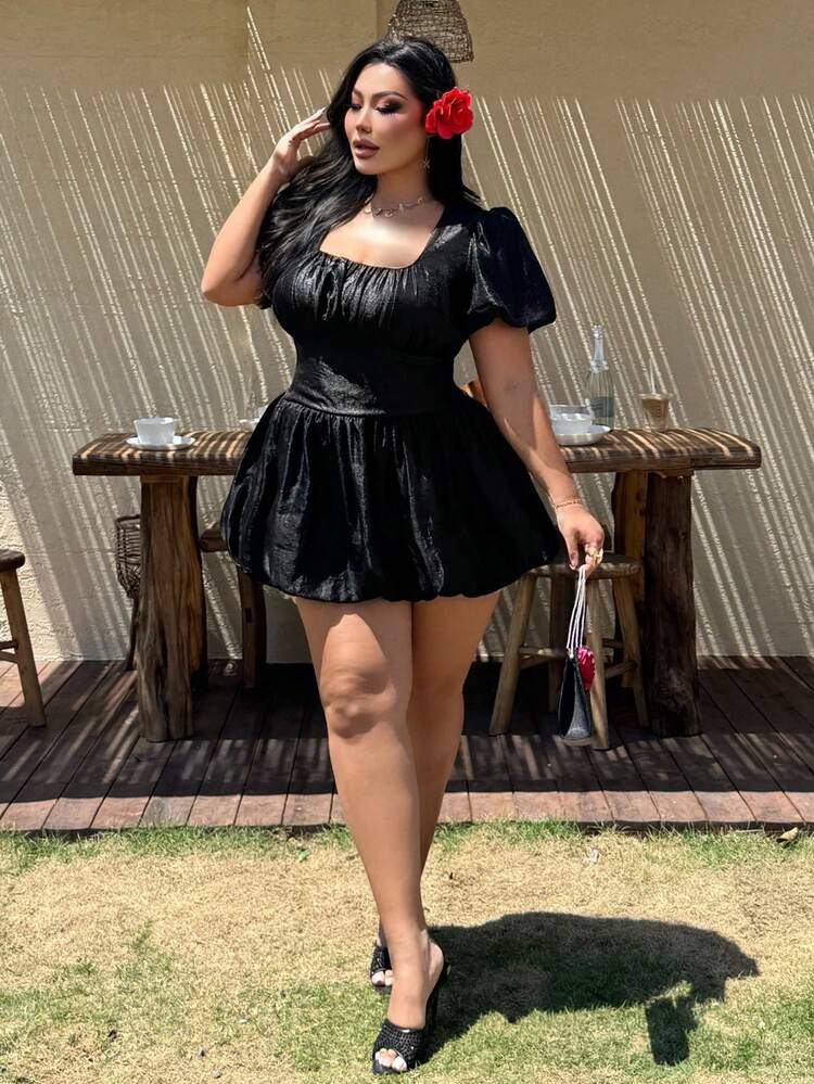 Dazy Plus Spring & Summer Black Fishbone Petal Sleeve Casual Sweet Girl Valentine's Day Wedding Party Cocktail Dress, Fashionable Fitted Elegant Commuter Plus Size Women Dress