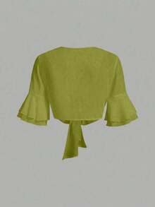 Camisa corta de color sólido con mangas acampanadas y lazo frontal de Qadelle - Verde - Ver 2
