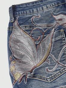 ROMWE Sexy Street Wear Y2k Low-Waist Butterfly Embroidered Rhinestone Decor Blue Denim Mini Skirt Night Out Summer - Blue - View 4