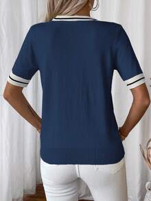 EMERY ROSE Women's Fashionable Versatile Striped Contrast Color Short Sleeve Knit Top Brunch Navy Blue And White Summer Coastal - Royal Blue - View 2