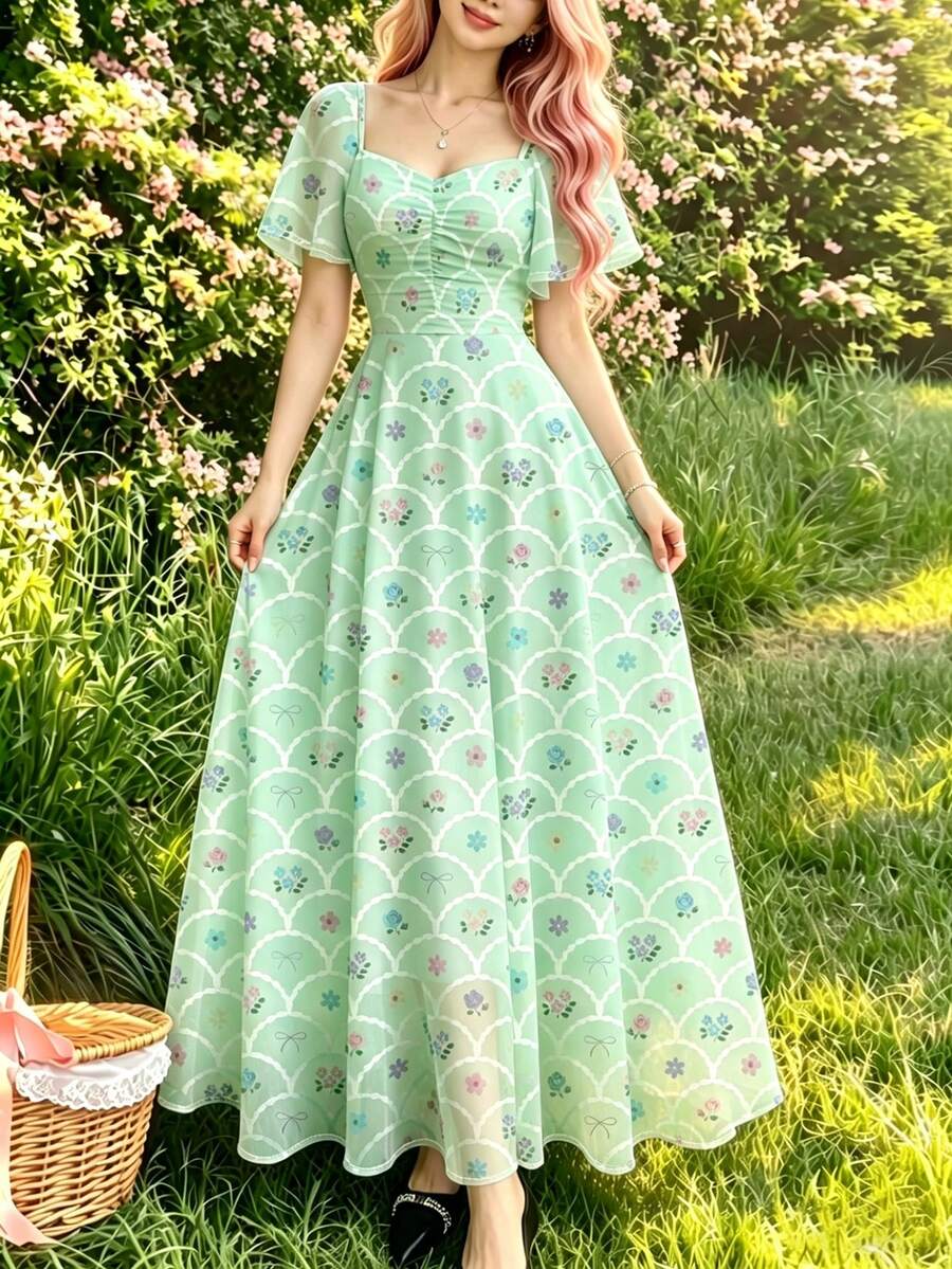 Modelyn 花卉與貝殼飾邊印花長洋裝,時尚方領飄逸袖設計,夏季收腰優雅花卉雪紡洋裝,植物印花淺綠色雪紡洋裝,適合夏季度假與日常穿著 - 彩色 - 查看 1