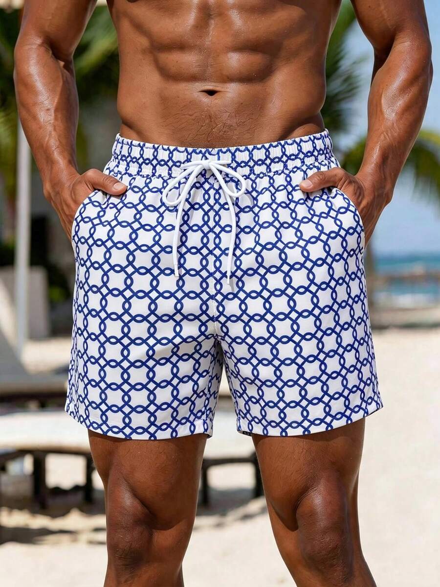 Manfinity KASUA Men's Casual All-Over Print Beach Shorts - Blue and White - View 1