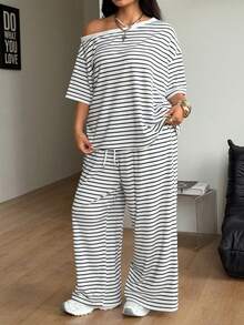 Coolane Women's Plus Size Summer Streetwear Basic Daily Wear Going Out Comfy White Stripes Off Shoulder T-Shirt And Wide Leg Sweatpants Two Pieces Outfits - Black and White - View 6