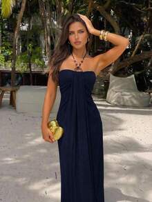 Aloruh Women's Ruched Halter Neck Casual Party Long Dress,Dresses For Women Summer - Navy Blue - View 8