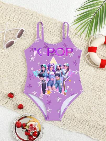 Girls' Cartoon Girl Group Printed One-Piece Swimsuit, Casual Fit, Suitable For Beach, Vacation, Outing, Summer