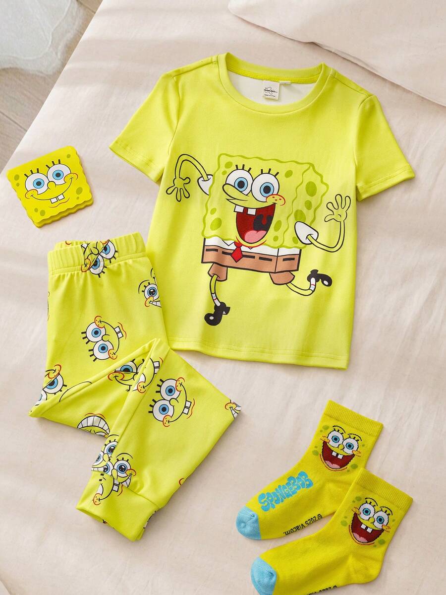 SpongeBob SquarePants | SHEIN 男童短袖上衣和修身长裤家居服套装 - 黃色 - 查看 1