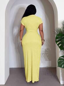 Slaydiva Plus Size Yellow Summer Smart Casual Vacation Polo Collar V-Neck Maxi Dress,Women's Boho Streetwear Wedding Guest Party,Bohemian Beach Cruise Dress - Yellow - View 2