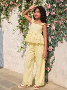 SHEIN Sparklyn Áo tank top hai dây màu vàng ôm sát, kiểu dáng thường ngày cho bé gái, thích hợp mặc đi nghỉ mát, du lịch, đi học và mặc hàng ngày. - Màu vàng - Xem 5