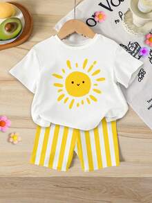 SHEIN Playful Pals 一套少女休闲韩流歌手卡通女孩渐变色短袖圆领T恤和配套渐变色修身骑行短裤套装，少女舒适针织连衣裙，适合日常、节日、外出、春夏穿着，韩式风格 - 彩色 - 查看 3