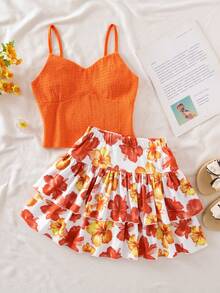 SHEIN Setelan 2 Potong Atasan Camisole Rajut Warna Polos dan Rok Mini Motif Bunga Kecil untuk Anak Perempuan Remaja - Jeruk - View 4
