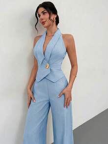 Firerie Women's Light Blue Asymmetrical Collar Sleeveless Blazer Vest, Metal Button Cinched Waist Vest, Elegant British Style Summer Tropical Cocktail - Blue - View 5