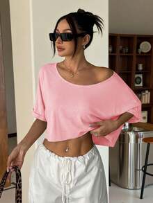 SHEIN EZwear 舒适性感露肩休闲粉色针织宽松不对称领T恤，时尚别致 - 粉色 - 查看 7