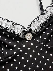 Strawberry Shortcake | ROMWE Blusa de mujer con estampado de lunares y dibujos animados decorada con cristales - Negro - Ver 3