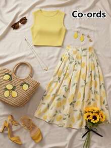 Resyla Plus Size Solid Color Tank Top And Casual Lemon Print Skirt Set - Yellow - View 1