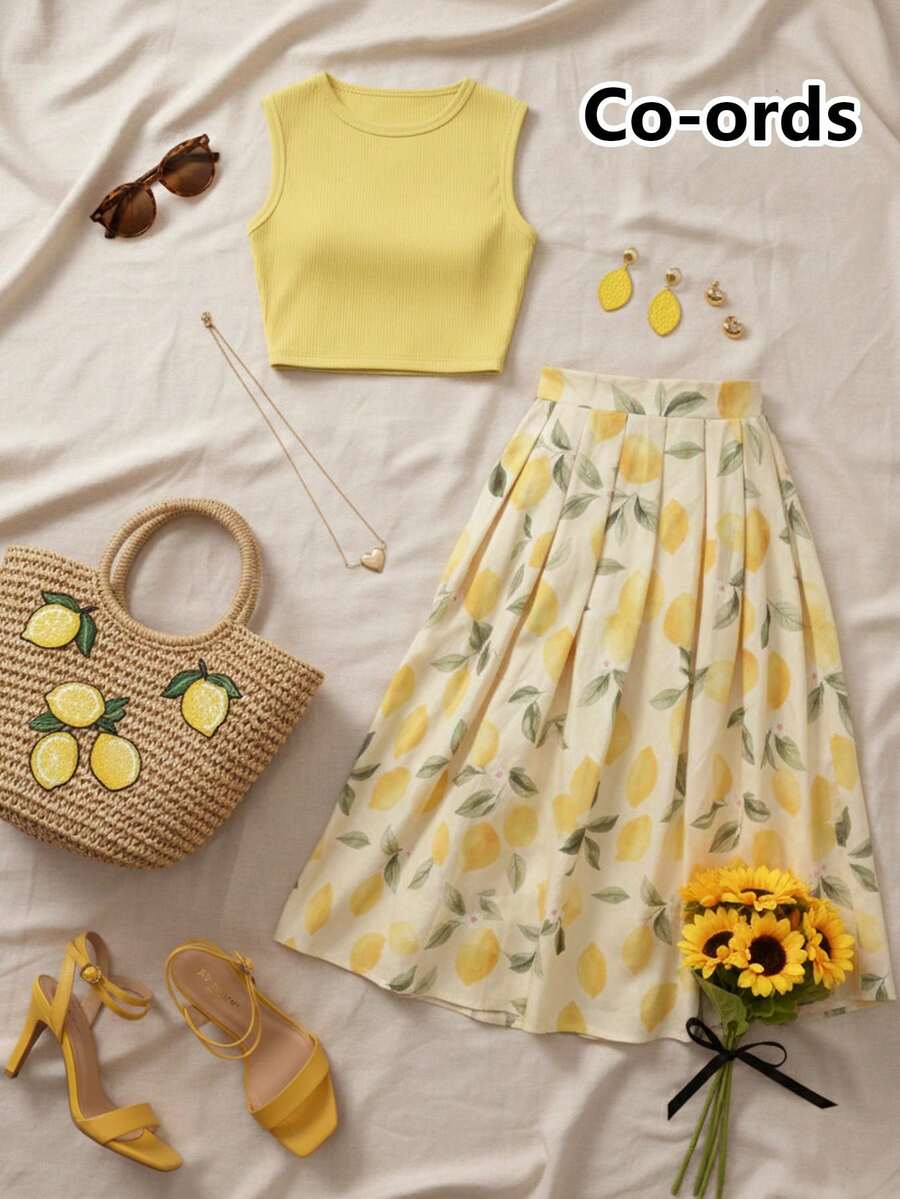 Resyla Plus Size Solid Color Tank Top And Casual Lemon Print Skirt Set - Yellow - View 1