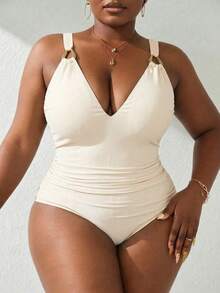 Swim Lushoire Nuevo traje de baño de una pieza para mujer talla grande con decoración en forma de lágrima, tirantes anchos, control de abdomen y cintura alta, color beige - Beis - Ver 3