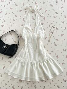 Flirla Women's Sexy Backless Halter Neck Dress, Hollow Out Beach Vacation Mini Dress - White - View 2